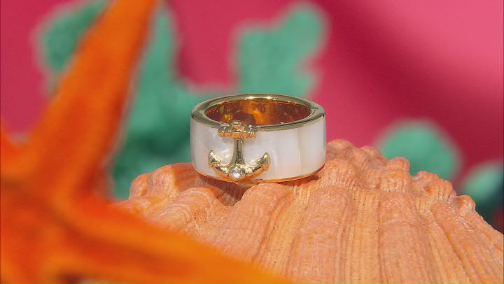 White Mother-of-Pearl 18k Yellow Gold Over Silver Anchor Band Ring Video Thumbnail