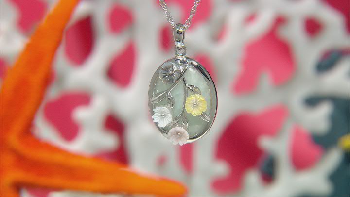 Jadeite with Multi Color Mother-Of-Pearl Flowers Rhodium Over Sterling Silver Pendant with Chain Video Thumbnail