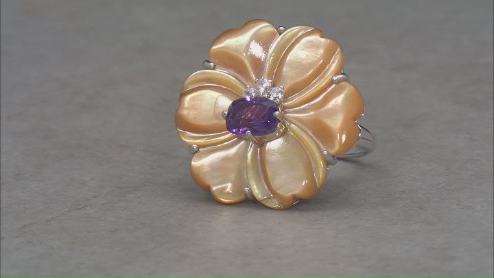 Golden Mother-of-Pearl, Amethyst & White Zircon Rhodium Over Sterling Silver Floral Ring 0.93ctw Video Thumbnail