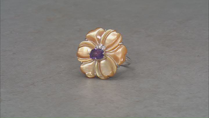 Golden Mother-of-Pearl, Amethyst & White Zircon Rhodium Over Sterling Silver Floral Ring 0.93ctw Video Thumbnail