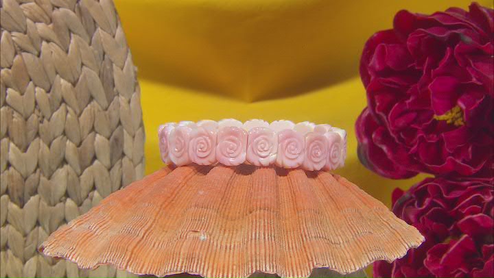 Hand Carved Pink Conch Shell Fancy Rose Station Stretch Bracelet Video Thumbnail