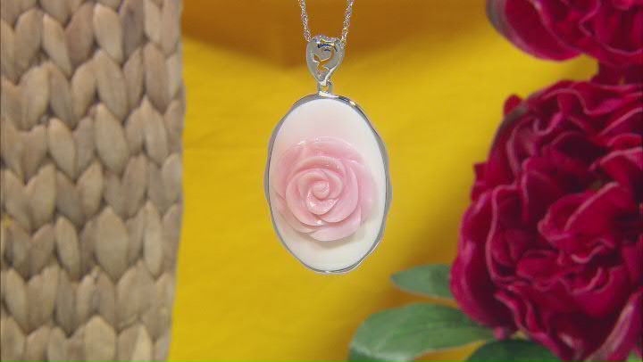 Pink Conch Shell Rhodium Over Silver Fancy Rose Pendant with Chain Video Thumbnail