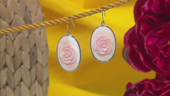 Pink Conch Shell Rhodium Over Silver Rose Dangle Earrings Video Thumbnail