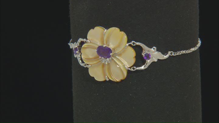 Golden Mother-Of-Pearl with Amethyst & White Zircon Rhodium Over Silver Flower Bolo Bracelet Video Thumbnail