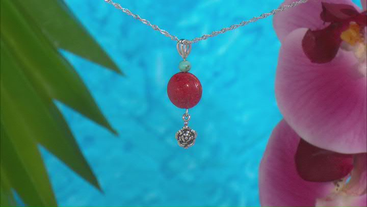 Red Sponge Coral With Turquoise Oxidized Sterling Silver Pendant With Chain Video Thumbnail