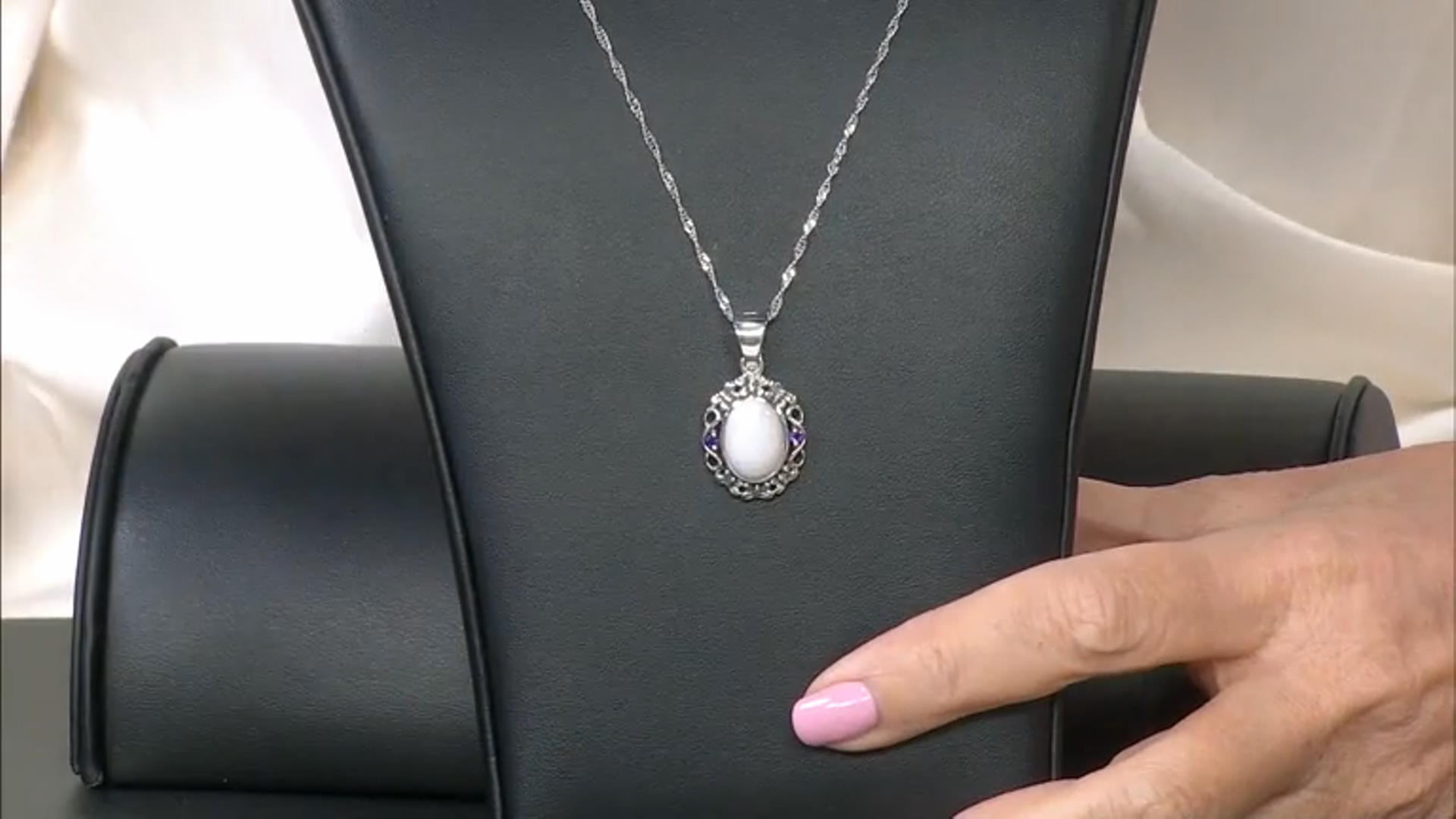 White Jadeite With Purple Amethyst Rhodium Over Silver Enhancer With Chain 0.10ctw Video Thumbnail