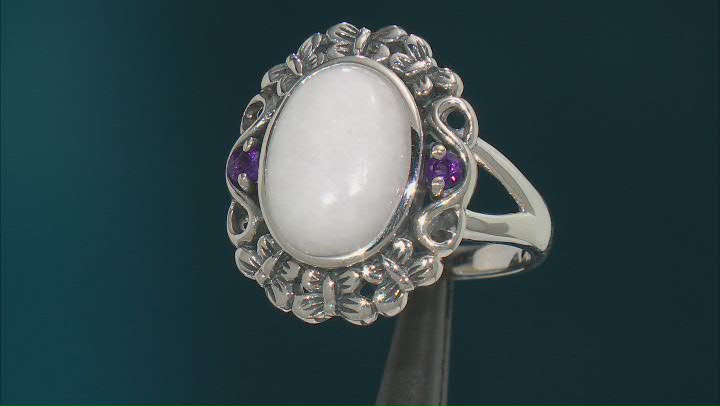White Jadeite With Amethyst Rhodium Over Silver Ring .10ctw Video Thumbnail