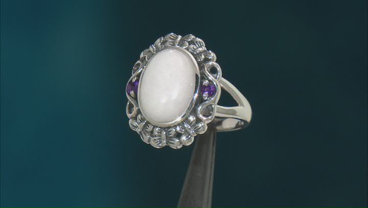White Jadeite With Amethyst Rhodium Over Silver Ring .10ctw Video Thumbnail