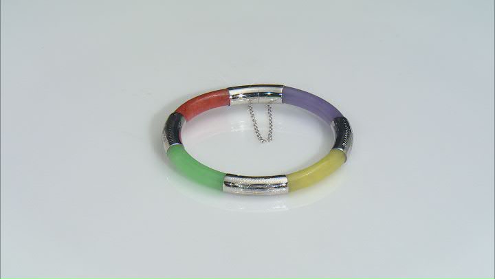 Multi-Color Jadeite Rhodium Over Sterling Silver Bangle Bracelet Video Thumbnail