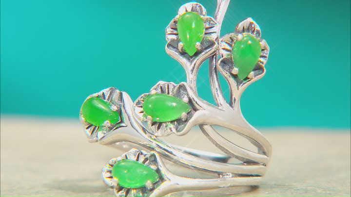 Green Jadeite Rhodium Over Sterling Silver Leaf Ring Video Thumbnail