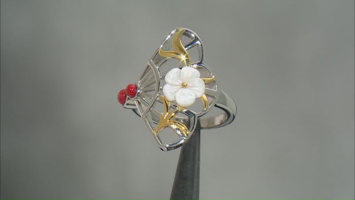 Red Sponge Coral With Mother Of Pearl Rhodium & 18K yellow Gold Over Silver Two-Tone Ring Video Thumbnail
