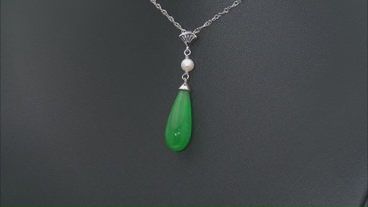 Green Jadeite & Cultured Freshwater Pearl Rhodium Over Silver Pendant With Chain Video Thumbnail