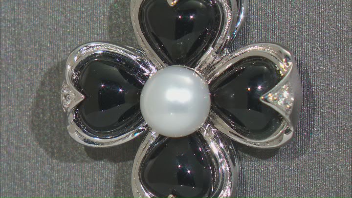 Black Onyx With White Cultured Freshwater Pearl and White Zircon Rhodium Over Silver Pendant Video Thumbnail