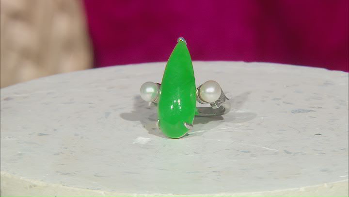 Jadeite & Cultured Freshwater Pearl Rhodium Over Sterling Silver Ring Video Thumbnail