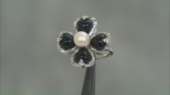 Black Onyx, Cultured Freshwater Pearl & Zircon Rhodium Over Silver Ring Video Thumbnail