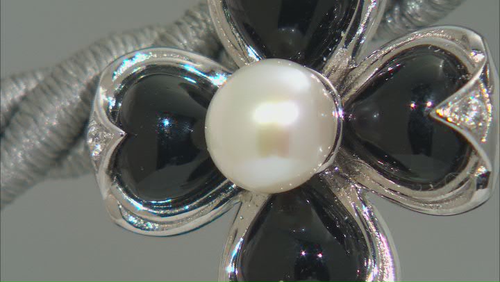 Black Onyx, Cultured Freshwater Pearl & Zircon Rhodium Over Silver Earrings Video Thumbnail