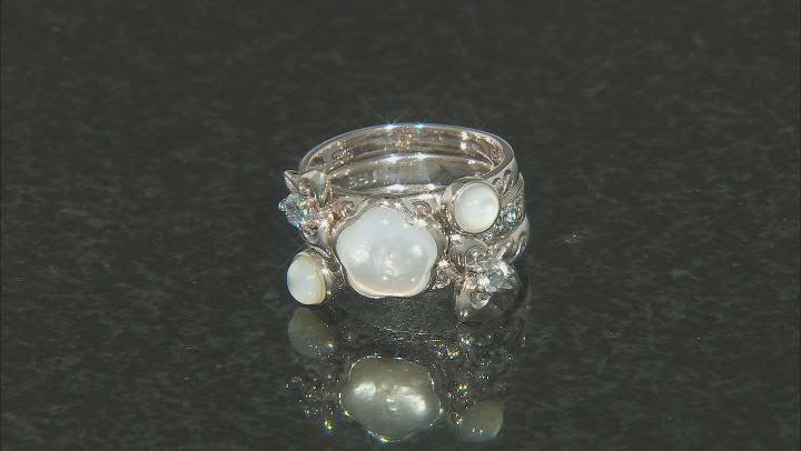 White Mother-of-Pearl and Sky Blue Topaz Set of 3 Sterling Silver Rings Video Thumbnail