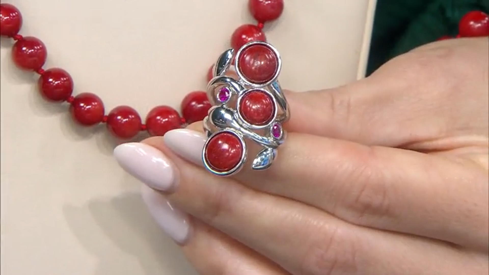 Red Coral and Lab Created Ruby Rhodium Over Sterling Silver Leaf Ring 0.22ctw Video Thumbnail