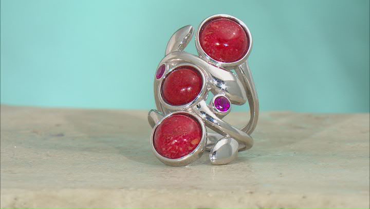Red Coral and Lab Created Ruby Rhodium Over Sterling Silver Leaf Ring 0.22ctw Video Thumbnail