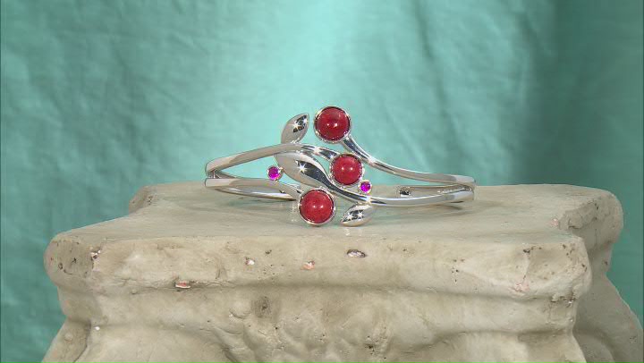 Red Coral and Lab Created Ruby Rhodium Over Sterling Silver Leaf Cuff Bracelet 0.24ctw Video Thumbnail