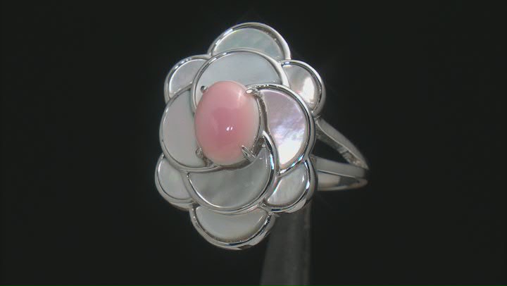 Pink Conch Shell and White Mother-of-Pearl Rhodium Over Sterling Silver Ring Video Thumbnail