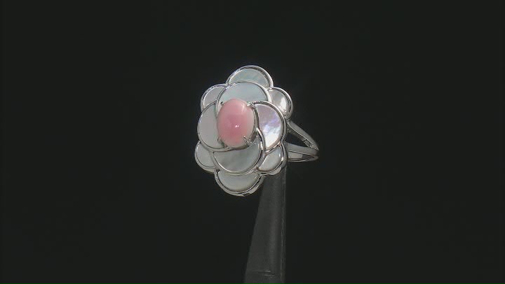 Pink Conch Shell and White Mother-of-Pearl Rhodium Over Sterling Silver Ring Video Thumbnail
