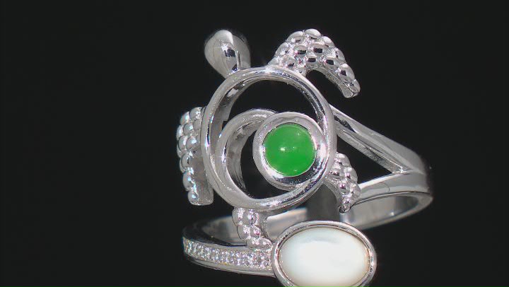 Mother-of-Pearl, Jadeite, and White Zircon Rhodium Over Sterling Silver Turtle Ring Video Thumbnail