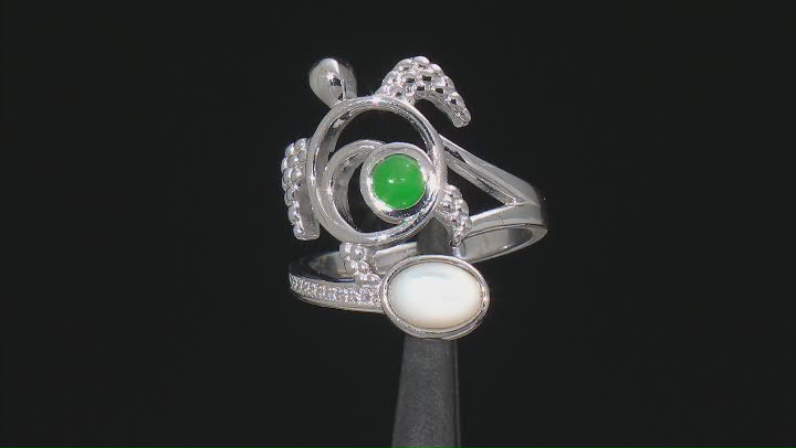 Mother-of-Pearl, Jadeite, and White Zircon Rhodium Over Sterling Silver Turtle Ring Video Thumbnail