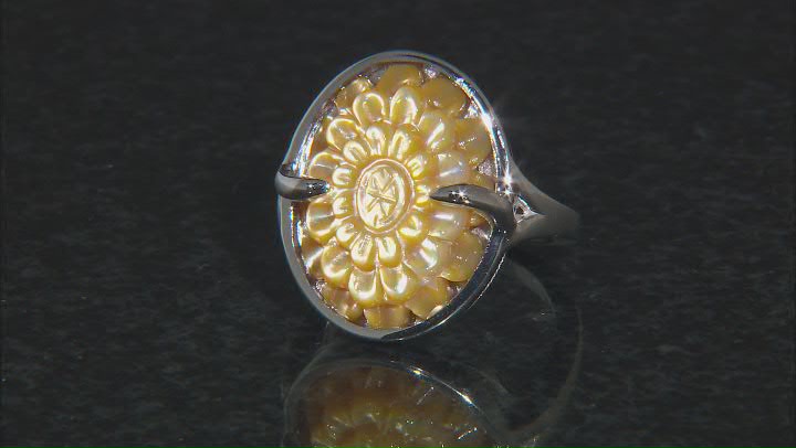 Carved Golden Mother-of-Pearl Rhodium Over Sterling Silver Flower Ring Video Thumbnail
