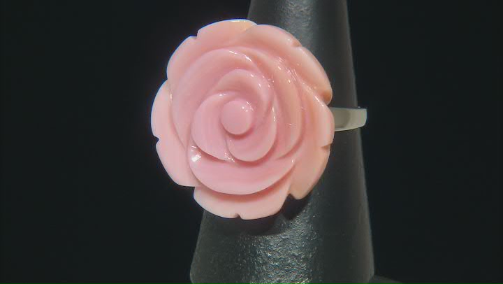 25mm Flower Carved Pink Conch Shell Rhodium Over Sterling Silver Ring Video Thumbnail