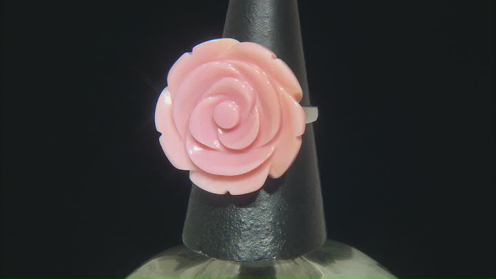 25mm Flower Carved Pink Conch Shell Rhodium Over Sterling Silver Ring Video Thumbnail