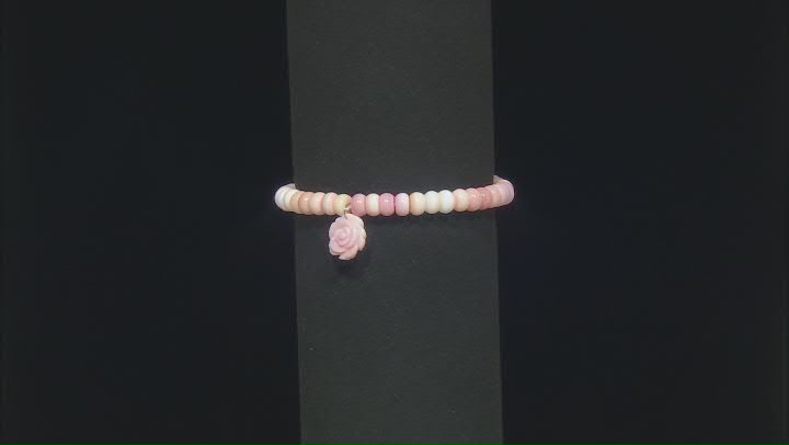6mm Pink Conch Shell Rhodium Over Sterling Silver Beaded Stretch Bracelet with Carved Flower Drop Video Thumbnail