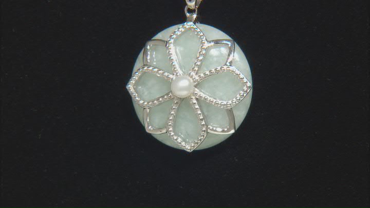 25mm Green Jadeite and 4mm Cultured Freshwater Pearl Rhodium Over Sterling Silver Pendant with Chain Video Thumbnail