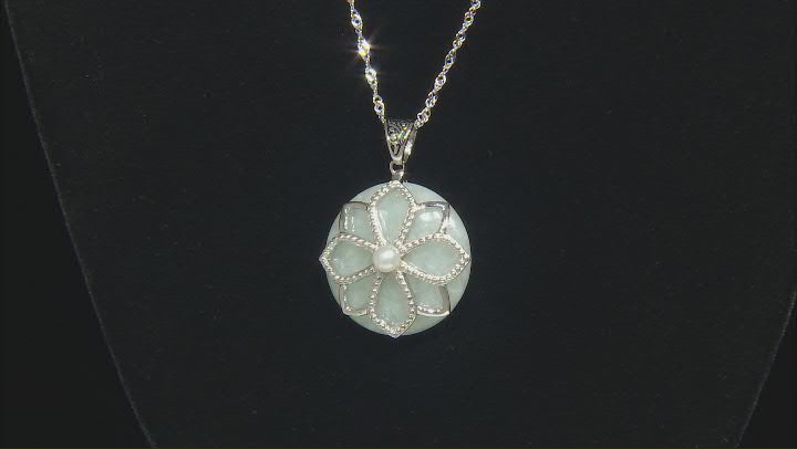 25mm Green Jadeite and 4mm Cultured Freshwater Pearl Rhodium Over Sterling Silver Pendant with Chain Video Thumbnail