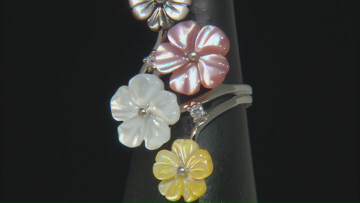 10-12mm Multi-Color Mother-of-Pearl Rhodium Over Sterling Silver Carved Flower Ring Video Thumbnail