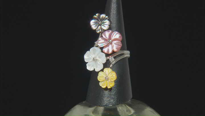 10-12mm Multi-Color Mother-of-Pearl Rhodium Over Sterling Silver Carved Flower Ring Video Thumbnail