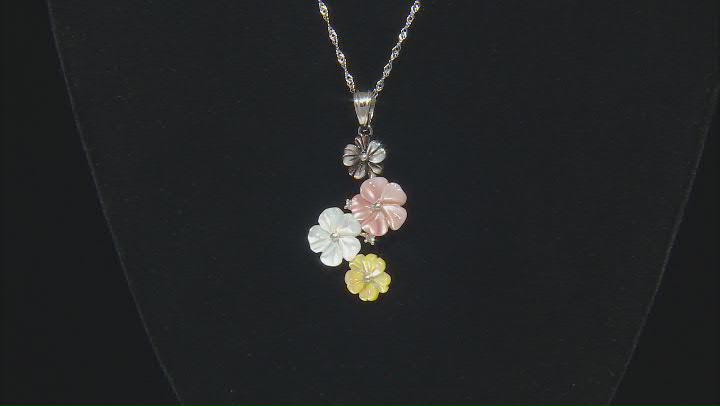 Multi-Color Mother-of-Pearl Rhodium Over Sterling Silver Carved Flower Pendant With Chain Video Thumbnail