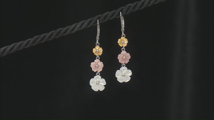 Multi-Color Mother-of-Pearl Rhodium Over Sterling Silver Carved Flower Earrings Video Thumbnail