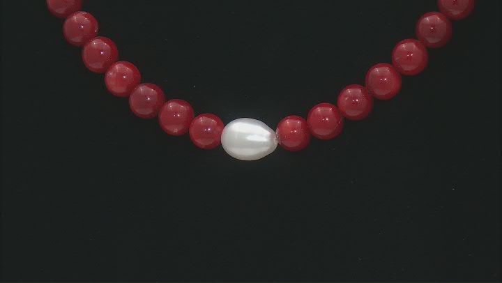 7mm Red Coral and 8-11mm Cultured Freshwater Pearl Rhodium Over Sterling Silver Beaded Necklace Video Thumbnail