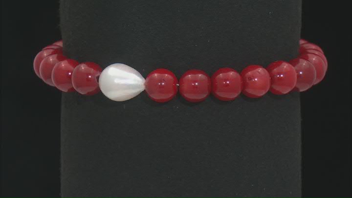 7mm Red Coral and White Cultured Freshwater Pearl Rhodium Over Sterling Silver Beaded Bracelet Video Thumbnail