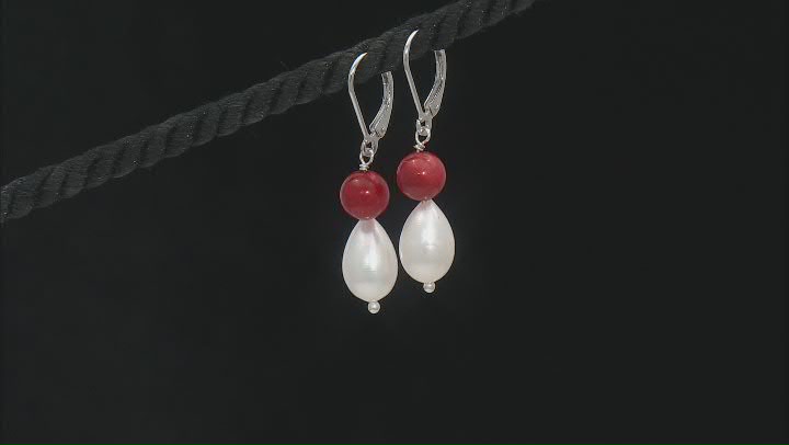 7mm Red Coral & 8mm White Cultured Freshwater Pearl Rhodium Over Sterling Silver Earrings Video Thumbnail