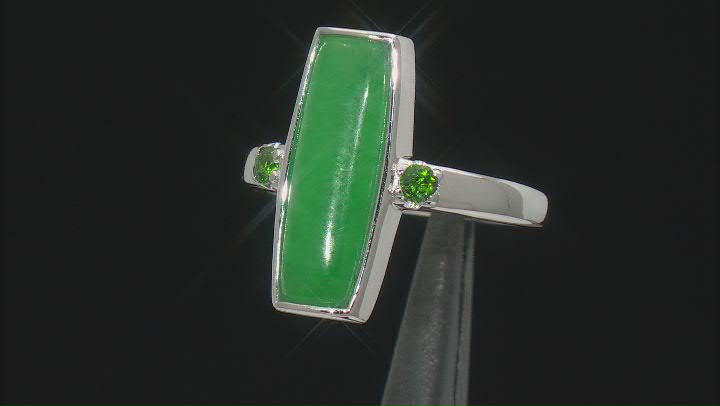 18x6mm Green Jadeite & Chrome Diopside Rhodium Over Sterling Silver Ring 0.15ctw Video Thumbnail