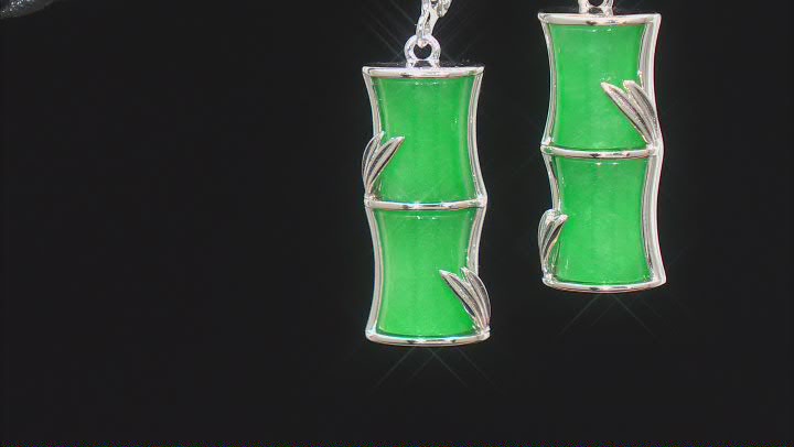 10x8mm Rectangular Green Jadeite Bamboo Inspired Rhodium Over Sterling Silver Earrings Video Thumbnail