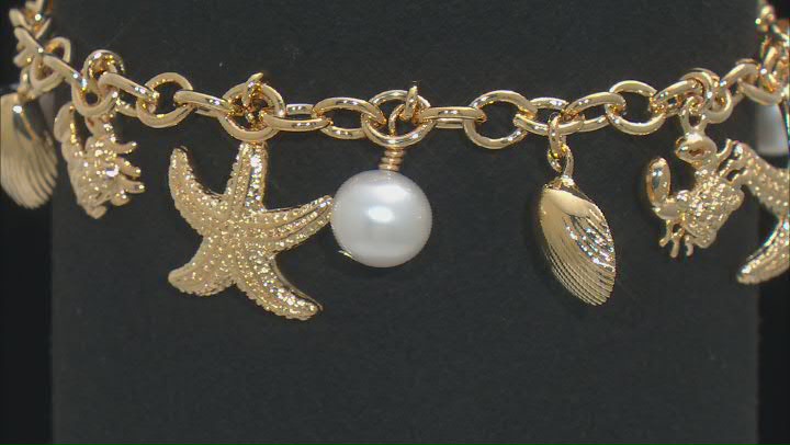 White Cultured Freshwater Pearl 18k Yellow Gold Over Brass Charm Bracelet Video Thumbnail
