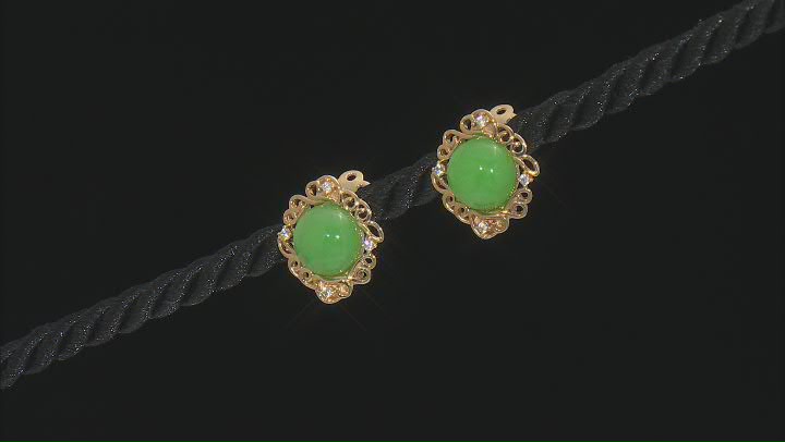 Green Jadeite With White Zircon 18k Yellow Gold Over Silver Clip-On Earrings 0.15ctw Video Thumbnail