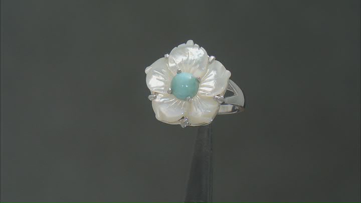 White Carved Mother-of-Pearl & Larimar Rhodium Over Silver Ring Video Thumbnail