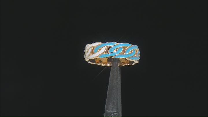 White & Teal Enamel 18k Yellow Gold Over Brass Chainlink Band Ring Video Thumbnail