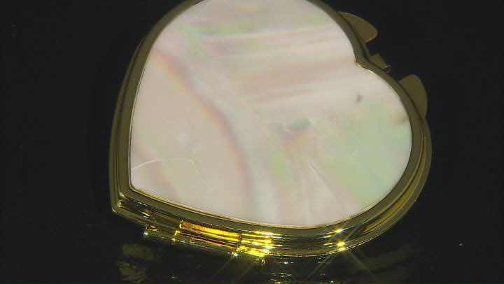 White Mother-of-Pearl Gold Tone Heart Compact Mirror Video Thumbnail
