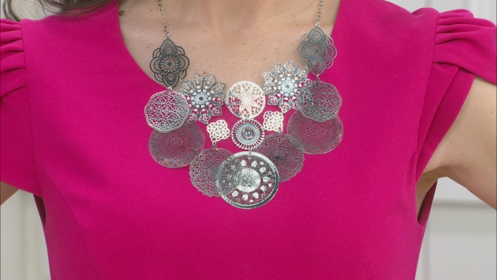Silver Tone Floral Lace Design Bib Necklace Video Thumbnail