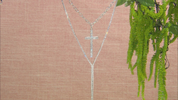 White Crystal Silver Tone Cross Multi-Row Necklace